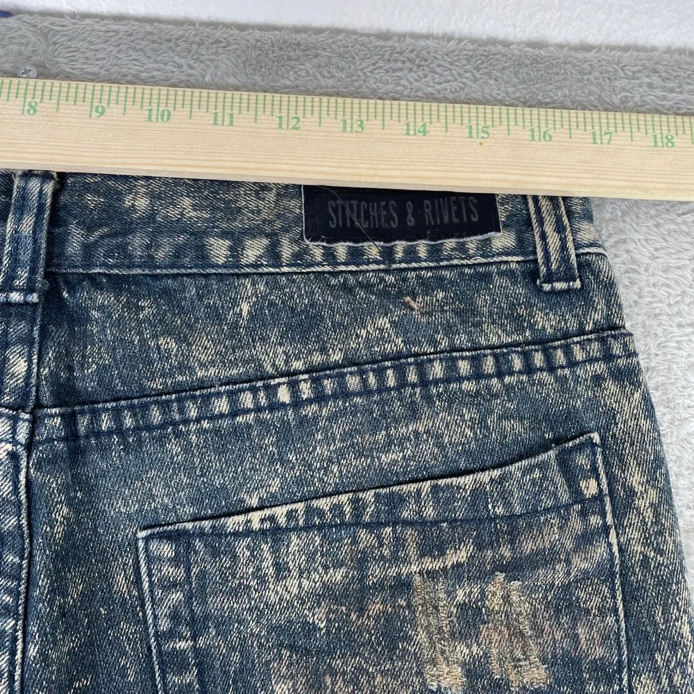 Stitches & Rivets Moto Biker Jeans Mens 32x32 Blue Acid Wash Distressed Slim Fit